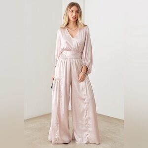 Mustard Seed Satin V-Neck Ruched Waist Wide Leg Jumpsuit